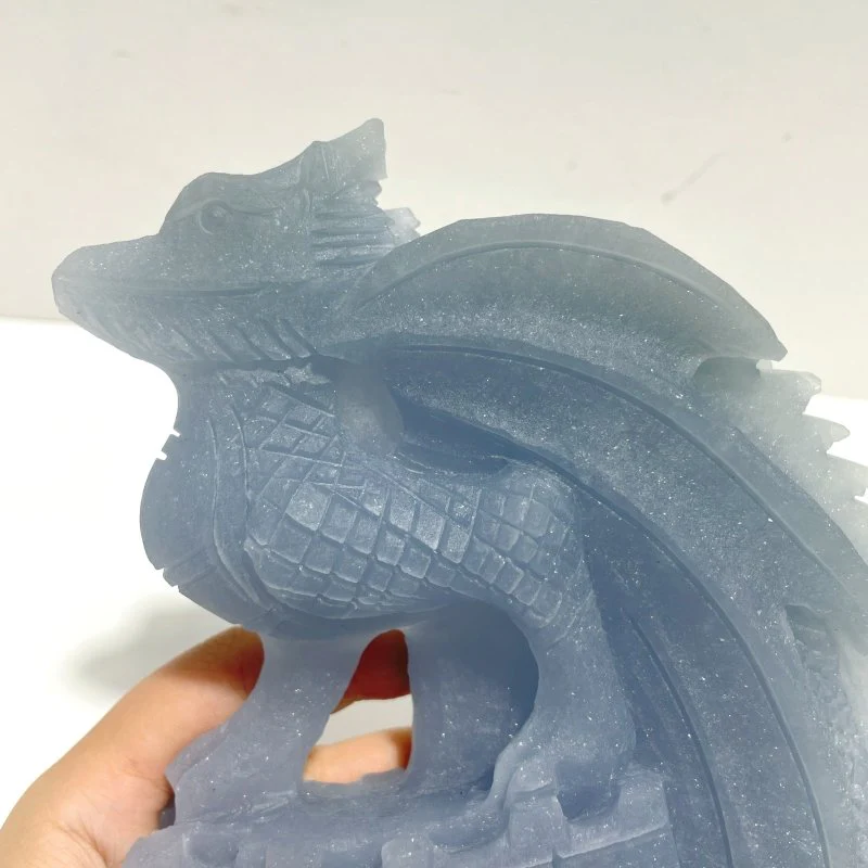 2 Pieces Beautiful Blue Angelite Flying Dragon Castle Carving - Image 4