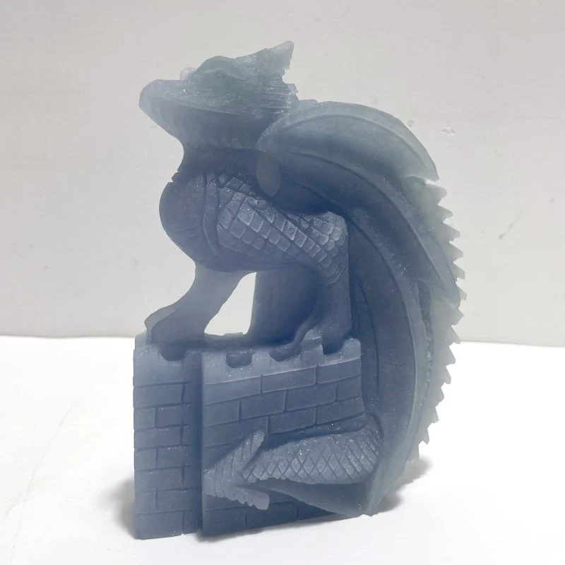 2 Pieces Beautiful Blue Angelite Flying Dragon Castle Carving - Image 5