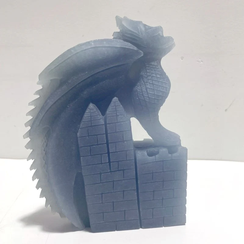 2 Pieces Beautiful Blue Angelite Flying Dragon Castle Carving - Image 6