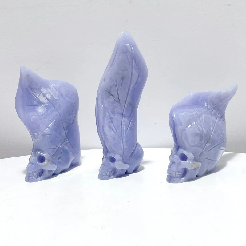 3 Pieces Blue Lace Agate Skull Carving