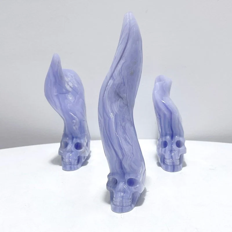 3 Pieces Blue Lace Agate Skull Carving - Image 3