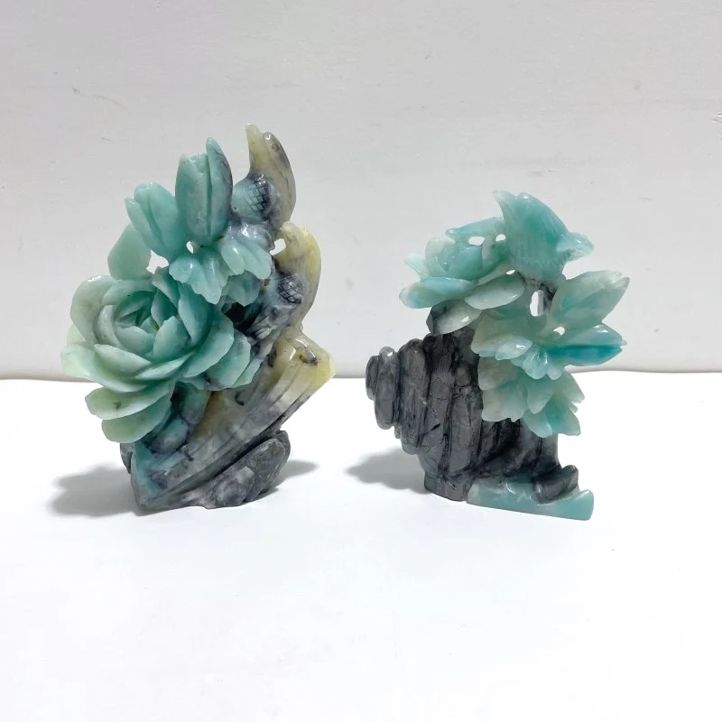 2 Pieces Caribbean Calcite Mixed Pyrite Birds&Flower Carving