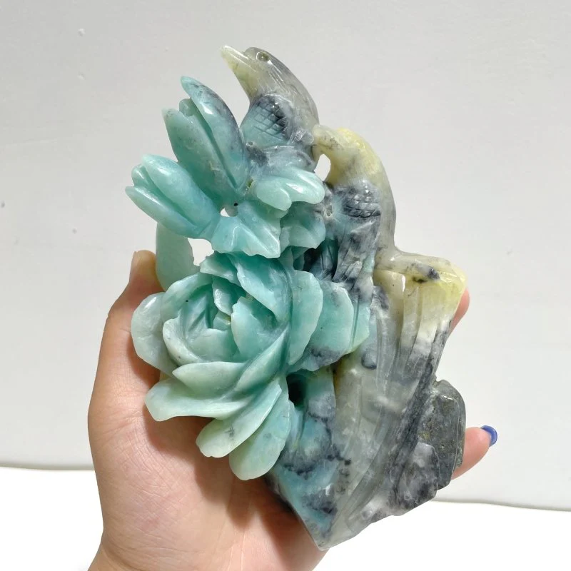 2 Pieces Caribbean Calcite Mixed Pyrite Birds&Flower Carving - Image 4