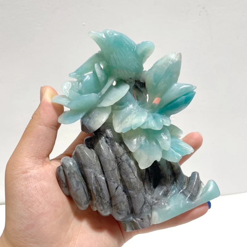 2 Pieces Caribbean Calcite Mixed Pyrite Birds&Flower Carving - Image 5