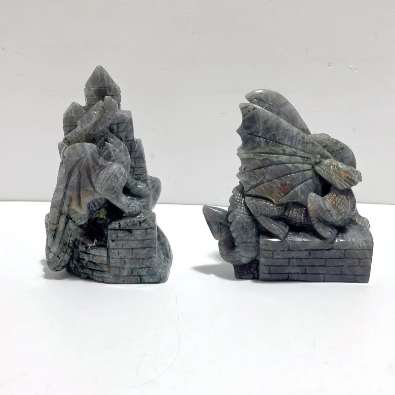 2 Pieces Labradorite Flying Dragon Castle Carving