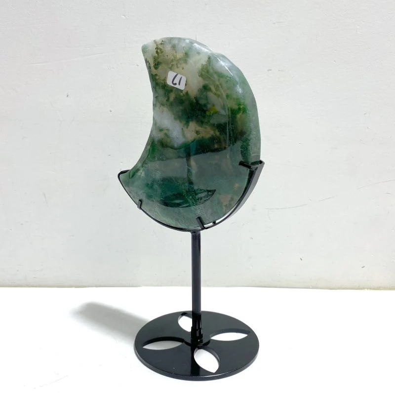 2 Pieces Large Moss Agate Moon With Stand Home Decor - Image 2