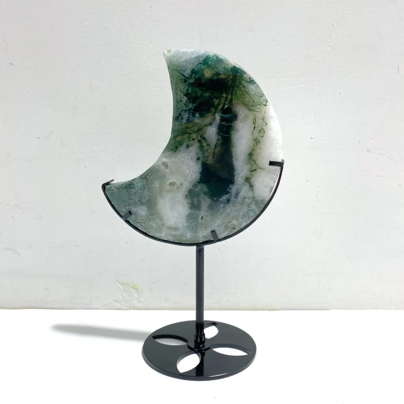 2 Pieces Large Moss Agate Moon With Stand Home Decor - Image 3