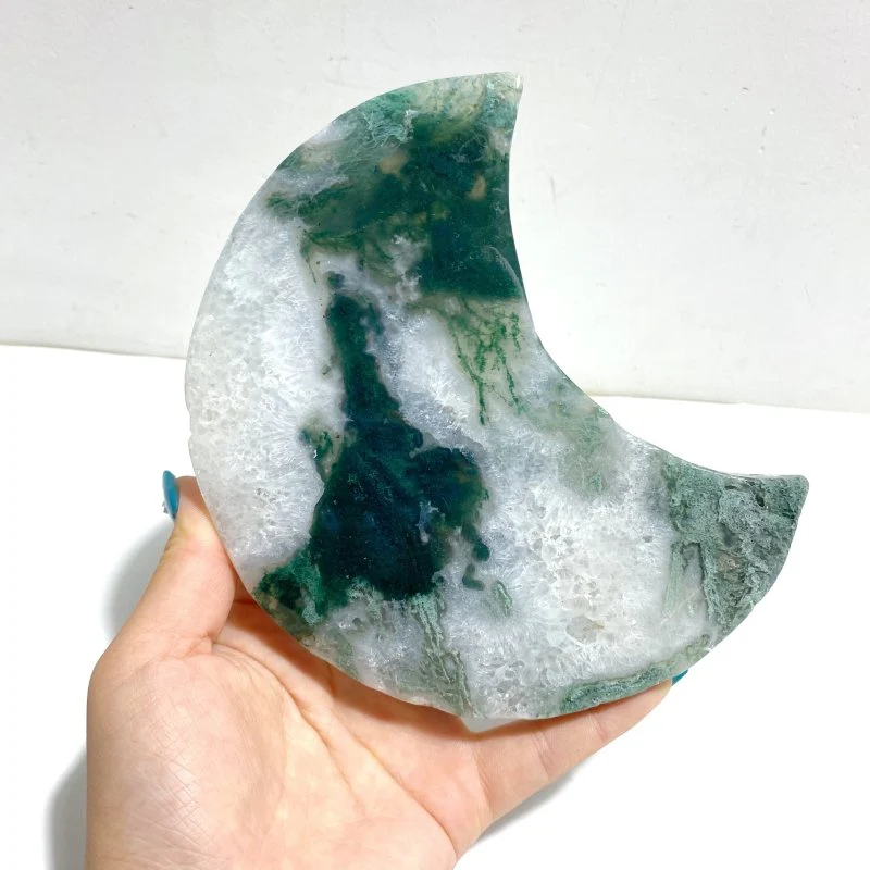 2 Pieces Large Moss Agate Moon With Stand Home Decor - Image 4