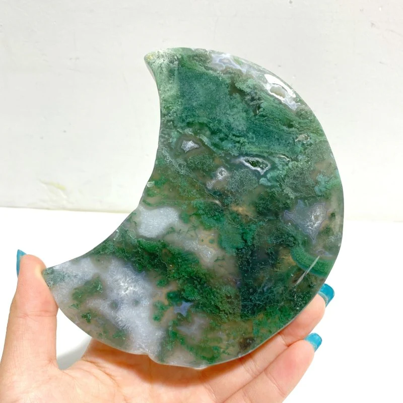 2 Pieces Large Moss Agate Moon With Stand Home Decor - Image 5