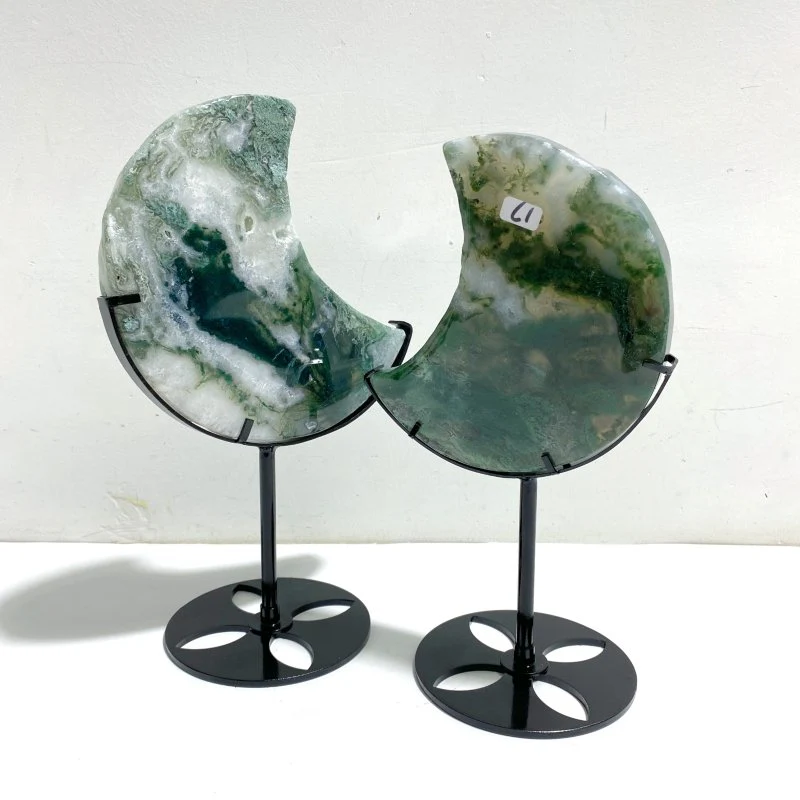 2 Pieces Large Moss Agate Moon With Stand Home Decor - Image 6