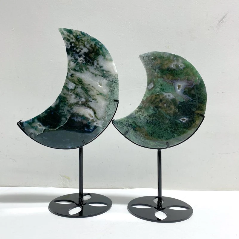 2 Pieces Large Moss Agate Moon With Stand #4