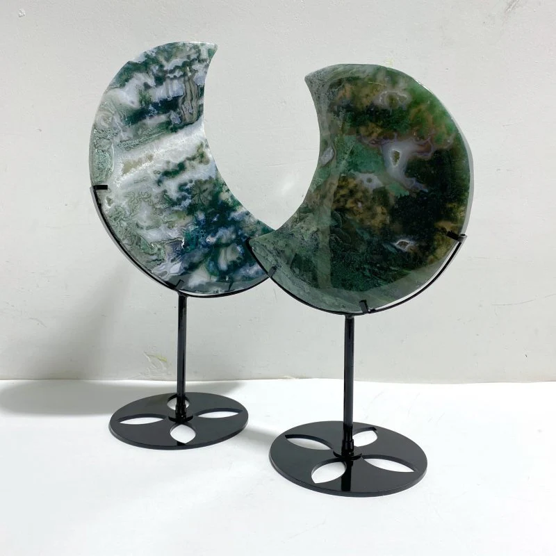 2 Pieces Large Moss Agate Moon With Stand #4 - Image 4