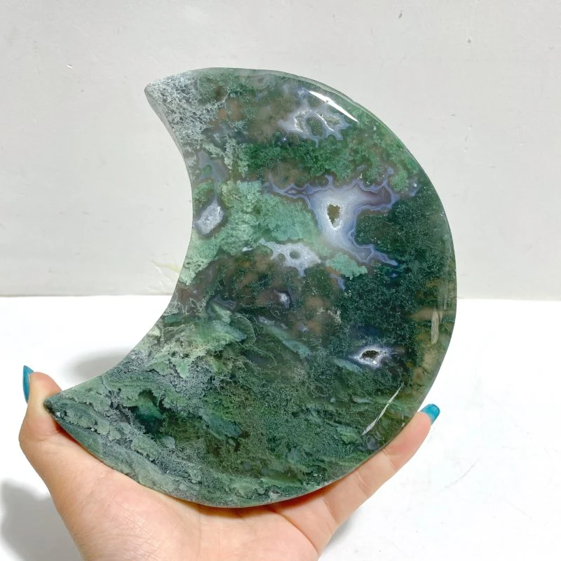 2 Pieces Large Moss Agate Moon With Stand #4 - Image 5