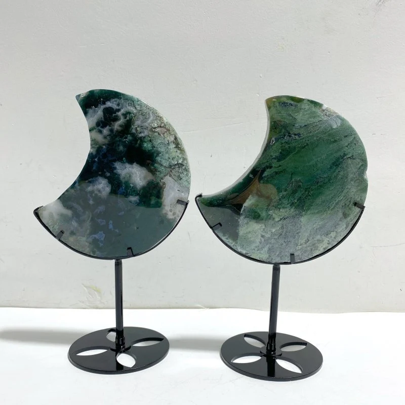 2 Pieces Large Moss Agate Moon With Stand #5