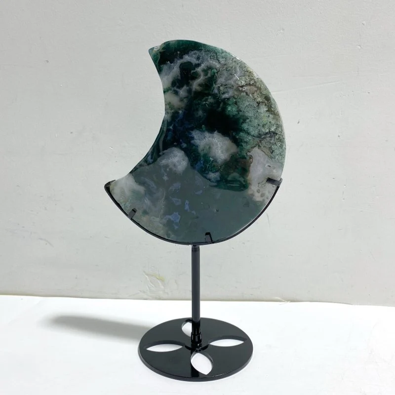 2 Pieces Large Moss Agate Moon With Stand #5 - Image 4
