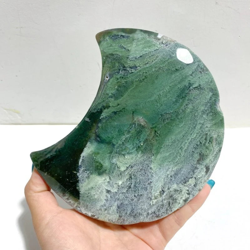 2 Pieces Large Moss Agate Moon With Stand #5 - Image 6