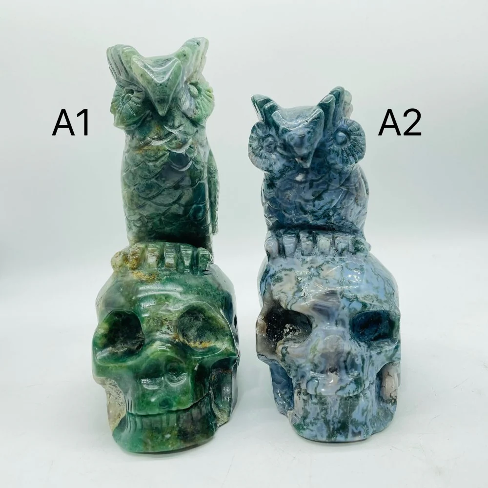 2 Pieces Unique Moss Agate Skull With Owl Carving - Image 2