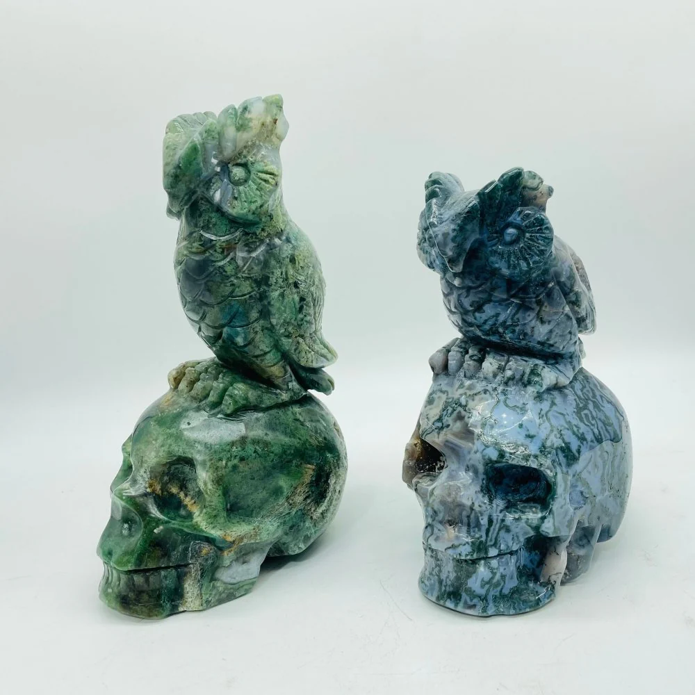 2 Pieces Unique Moss Agate Skull With Owl Carving - Image 4