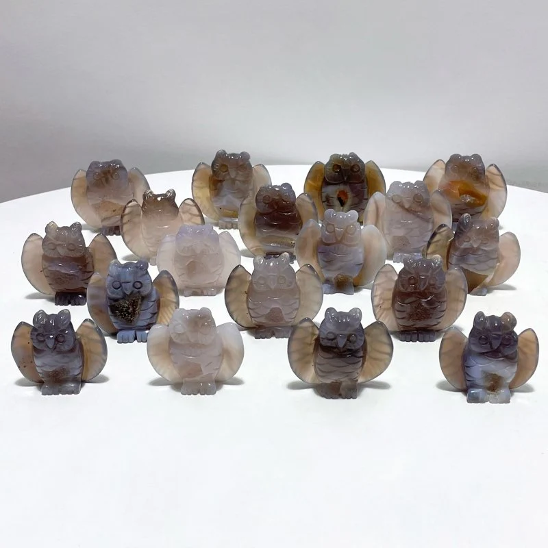 18 Pieces Geode Druzy Agate Owl Carving