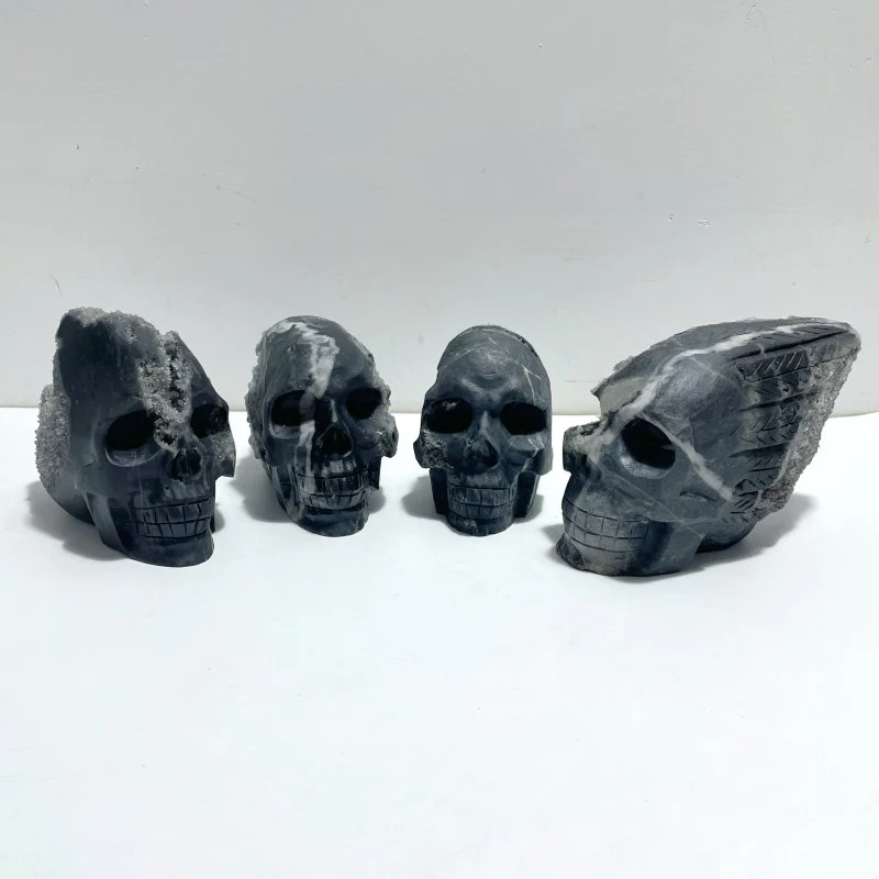 4 Pieces Large Black Clear Quartz Cluster Skull Carving