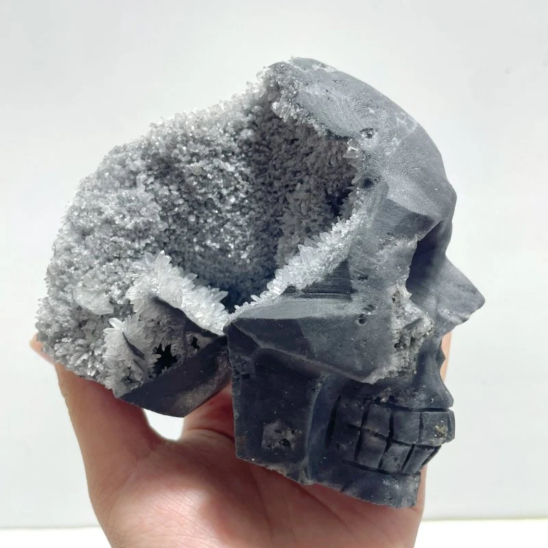 4 Pieces Large Black Clear Quartz Cluster Skull Carving - Image 3