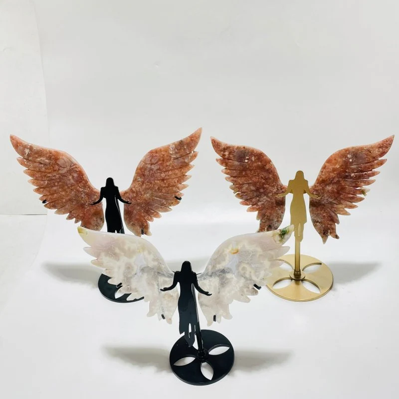 3 Pairs Angel Wing Carving With Stand Pink Agate Sakura Flower Agate - Image 4