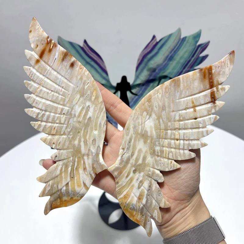 2 Pairs Angel Wing With Stand Fluorite Coral Jade - Image 2