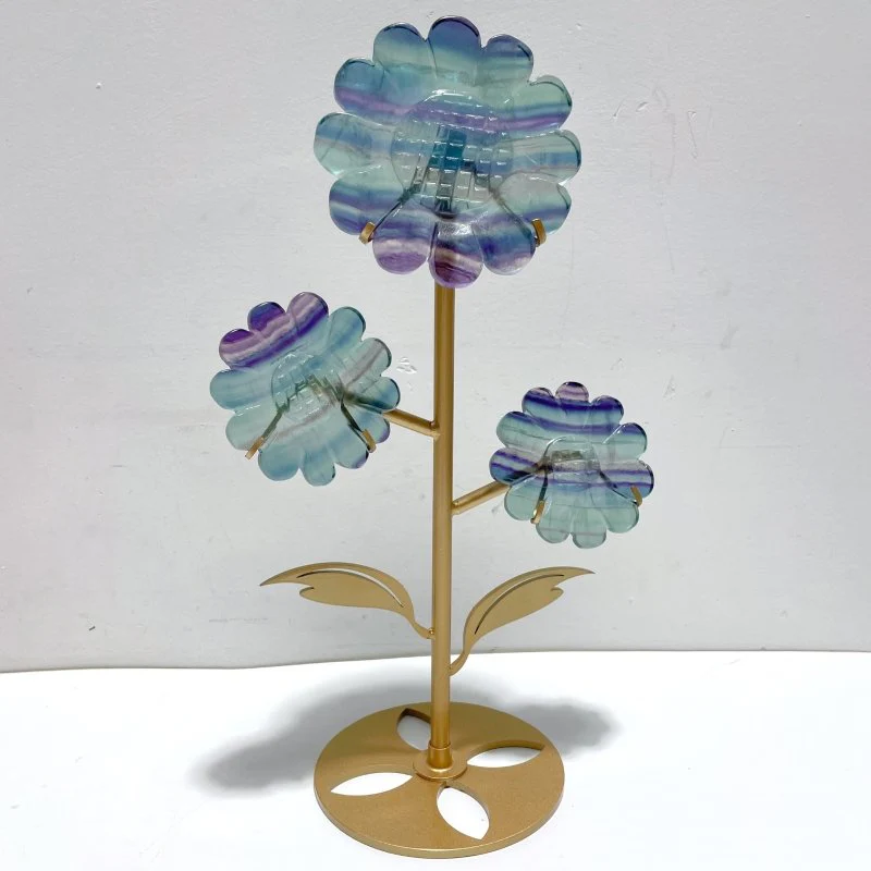 3 Pairs Beautiful Flower Carving With Stand Moss Agate Pink Opal Fluorite - Image 2