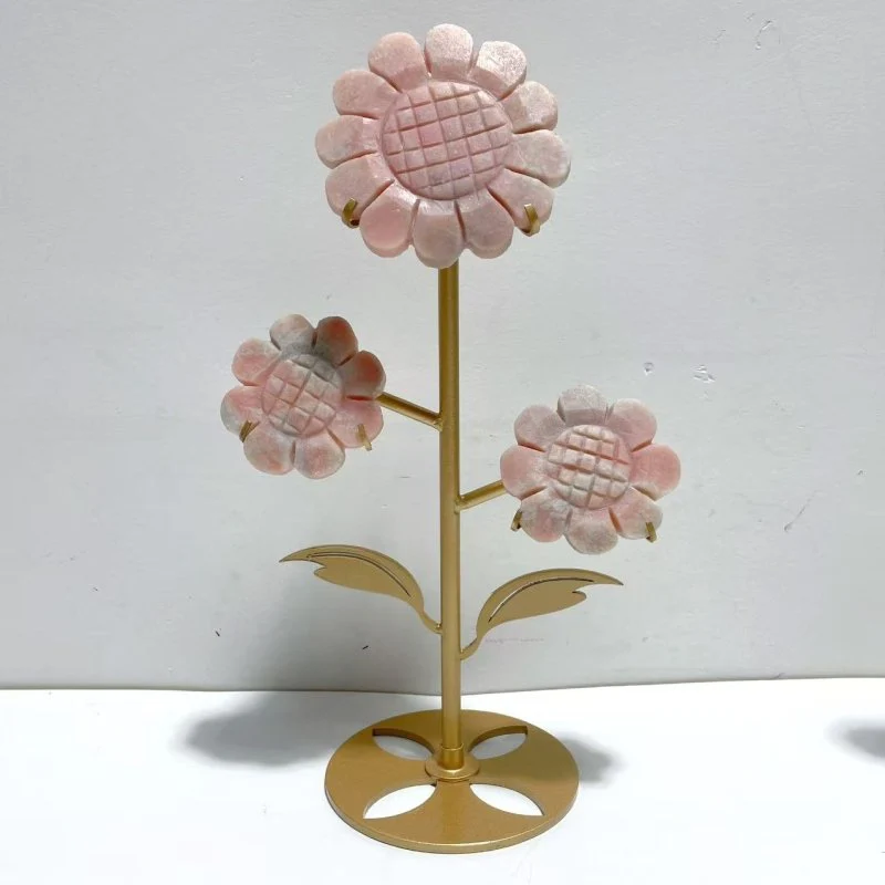 3 Pairs Beautiful Flower Carving With Stand Moss Agate Pink Opal Fluorite - Image 3