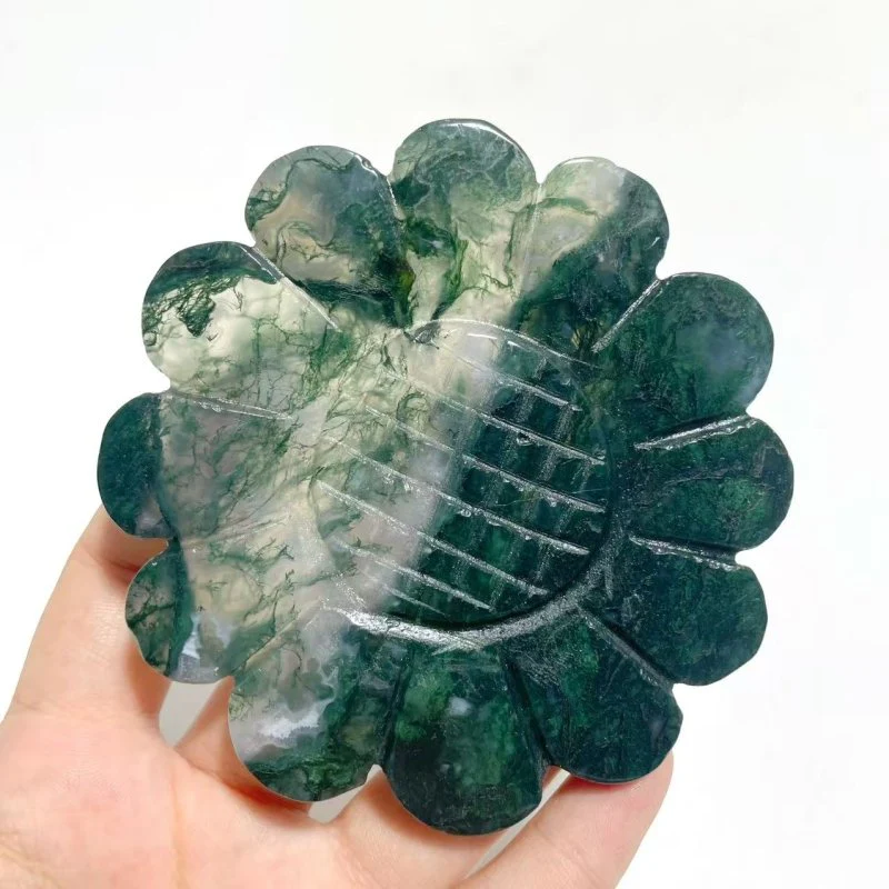 3 Pairs Beautiful Flower Carving With Stand Moss Agate Pink Opal Fluorite - Image 8