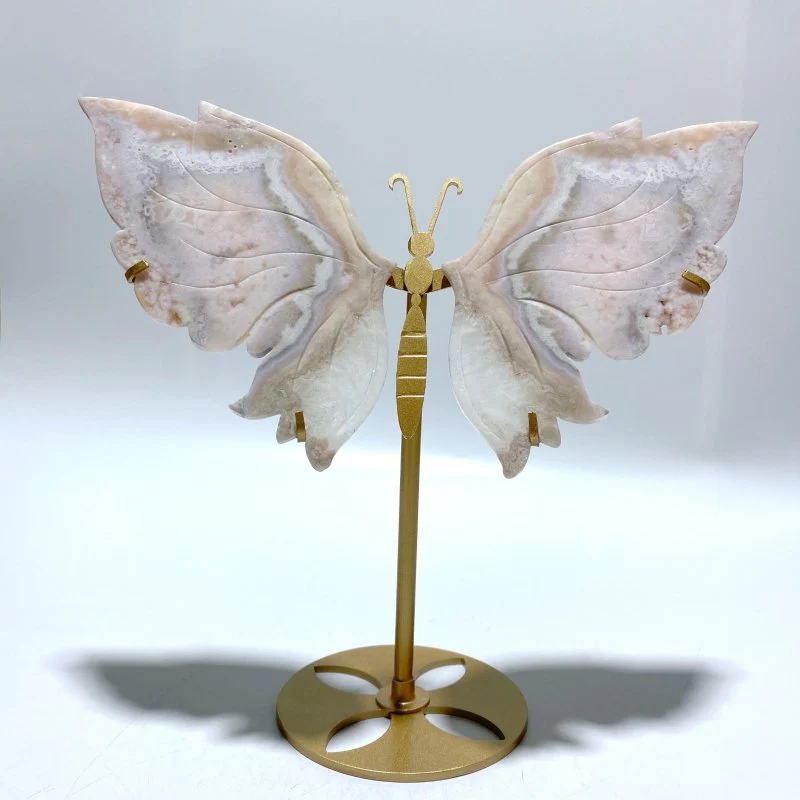 Beautiful Sakura Flower Agate Butterfly Wing Carving With Stand