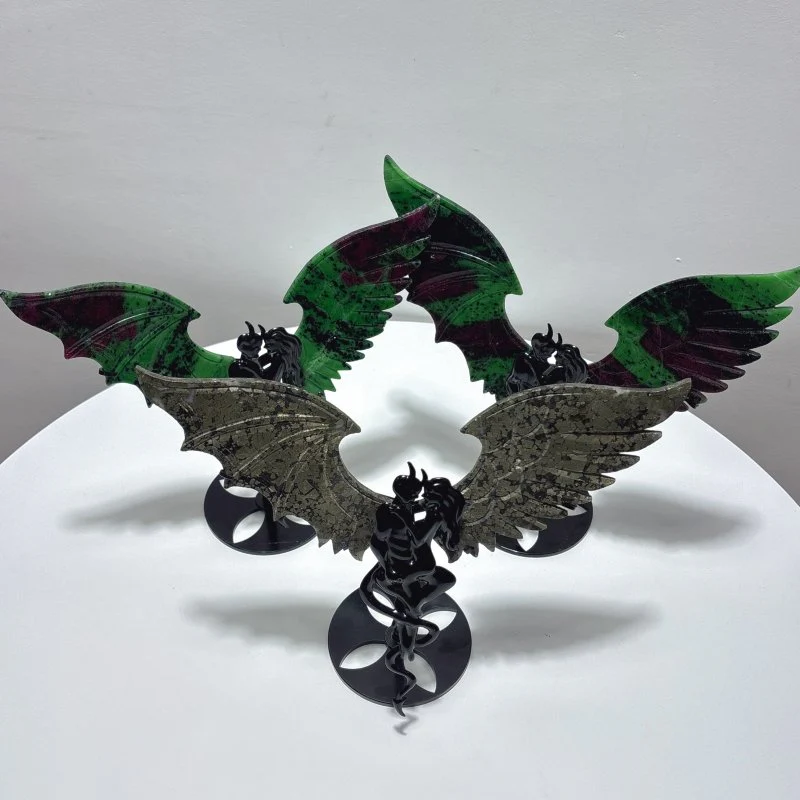 3 Pairs Demon and Angel Wing Carving With Stand Ruby Zoisite Pyrite