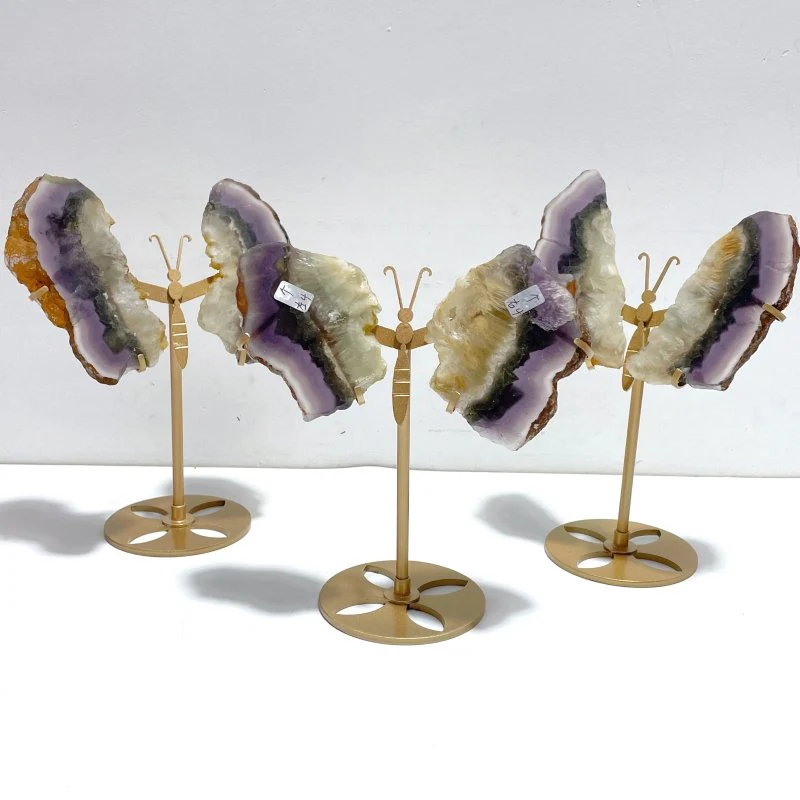 3 Pairs Fluorite Mixed Pyrite Butterfly Wing With Stand #6