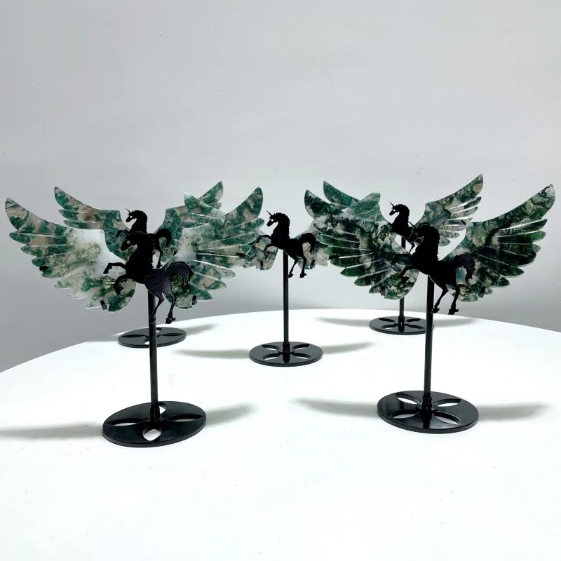 5 Pairs Moss Agate Pegasus Wing Carving With Stand