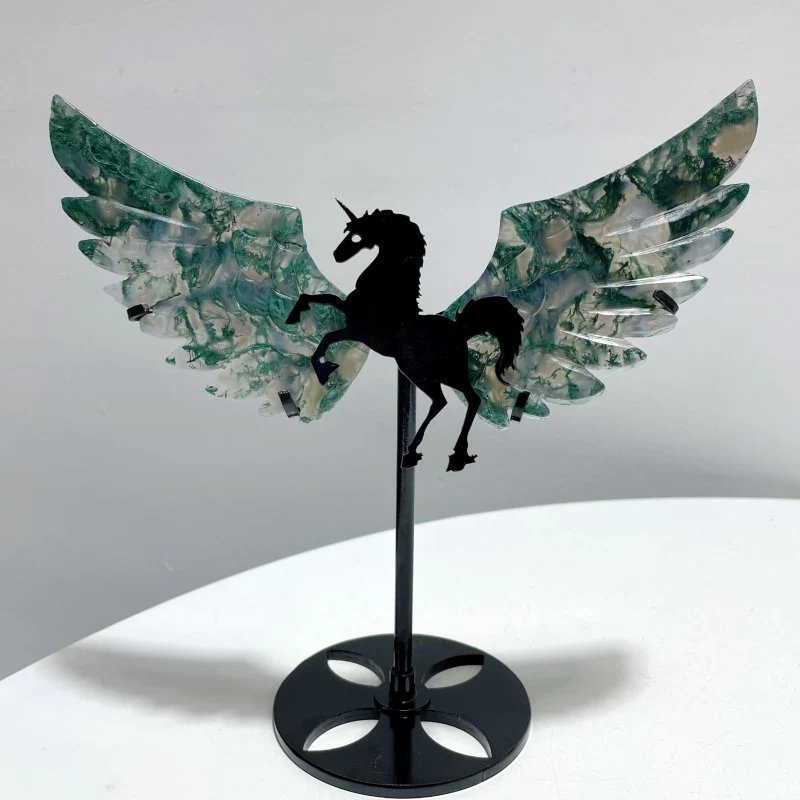 5 Pairs Moss Agate Pegasus Wing Carving With Stand - Image 3
