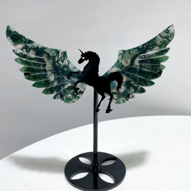 5 Pairs Moss Agate Pegasus Wing Carving With Stand - Image 4