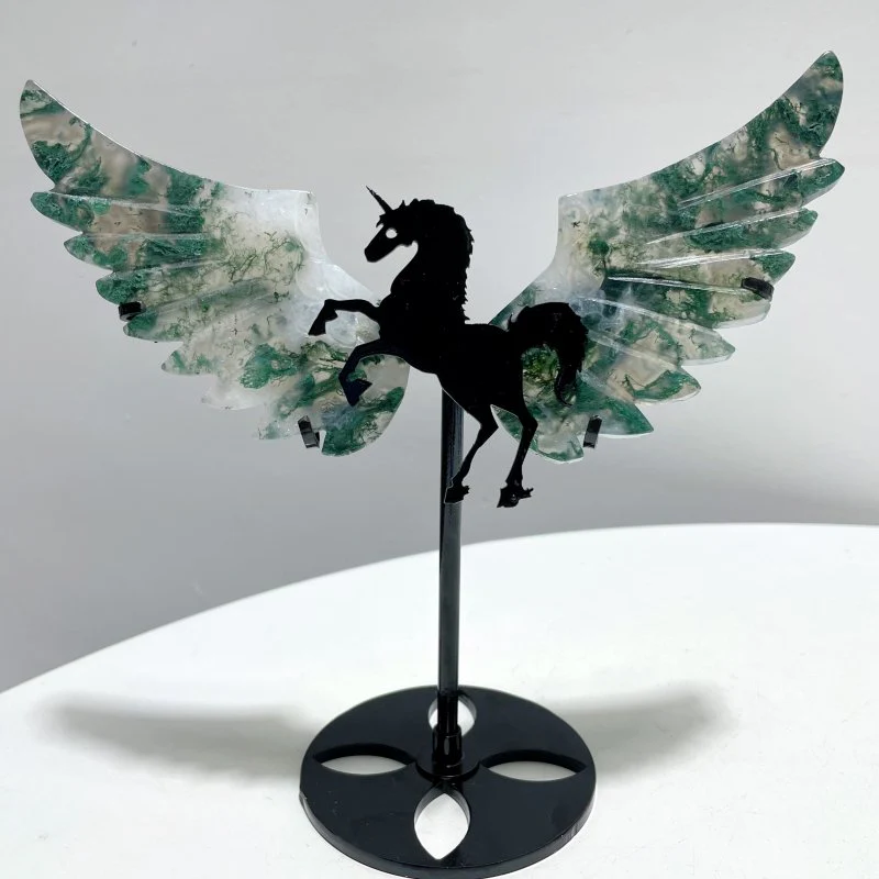 5 Pairs Moss Agate Pegasus Wing Carving With Stand - Image 5