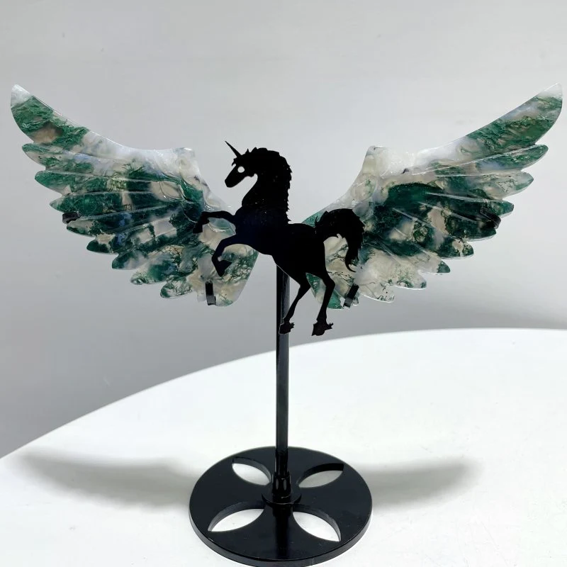 5 Pairs Moss Agate Pegasus Wing Carving With Stand - Image 6