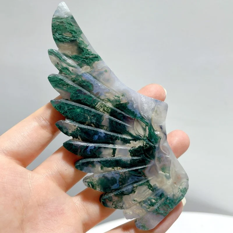 5 Pairs Moss Agate Pegasus Wing Carving With Stand - Image 7