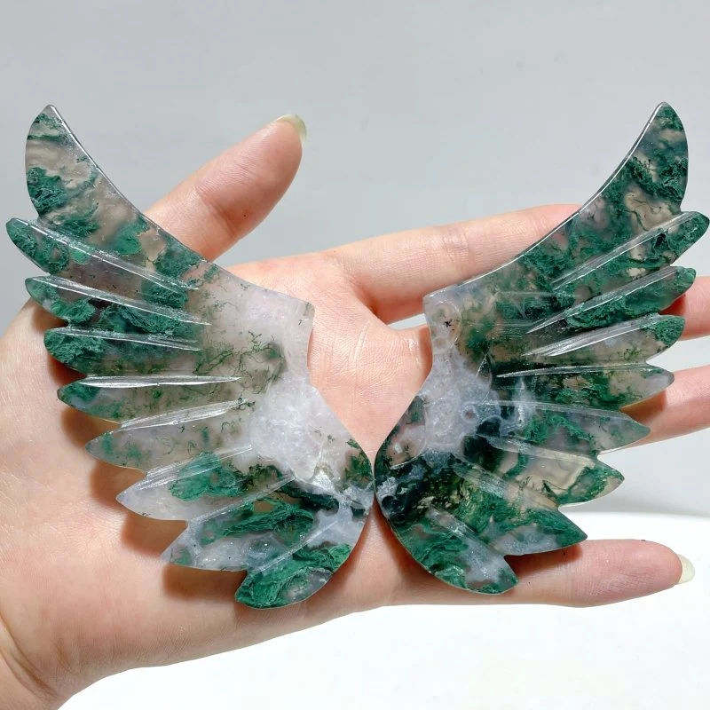 5 Pairs Moss Agate Pegasus Wing Carving With Stand - Image 9