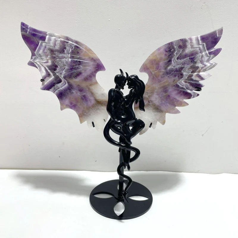 Unique Chevron Amethyst Demon and Angel Wing Carving With Stand