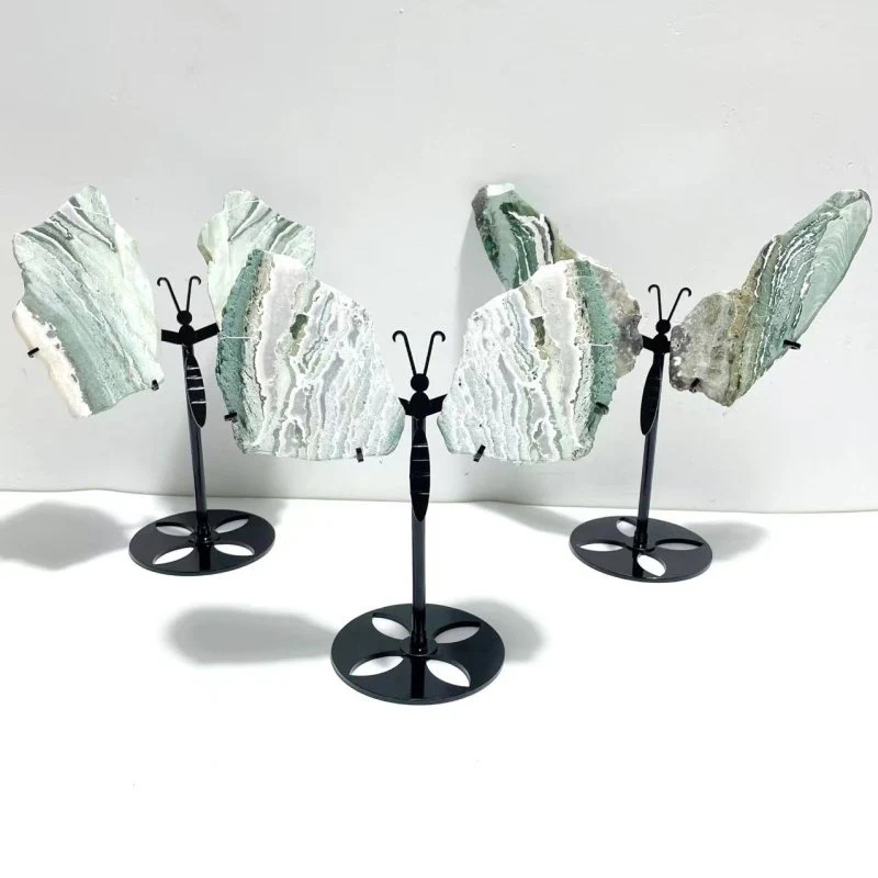 3 Pairs Stripe Moss Agate Slab Butterfly Wing With Stand