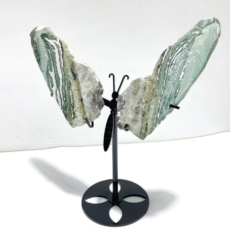 3 Pairs Stripe Moss Agate Slab Butterfly Wing With Stand - Image 6
