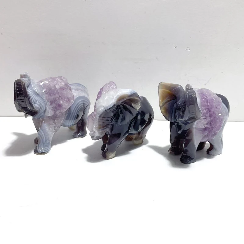 3 Pieces Amethyst Mixed Geode Druzy Agate Elephant Animal Carving #A22