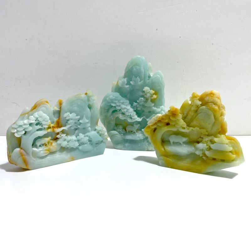 3 Pieces Beautiful Caribbean Calcite Landscape Pavilion Carving #6