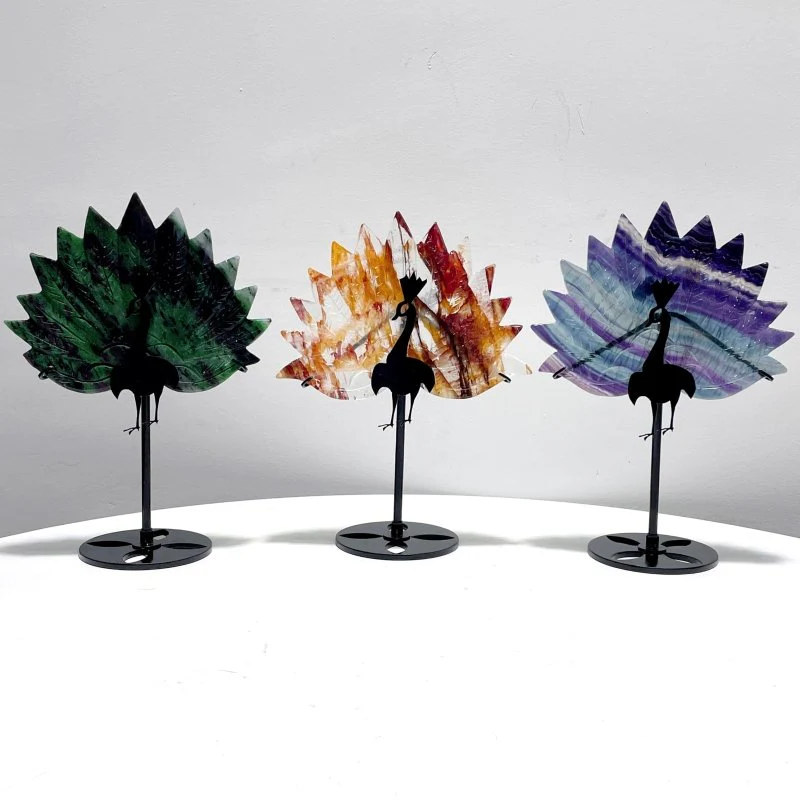 3 Pieces Beautiful Peacock With Stand Carving Fluorite Golden Hematoid Quartz