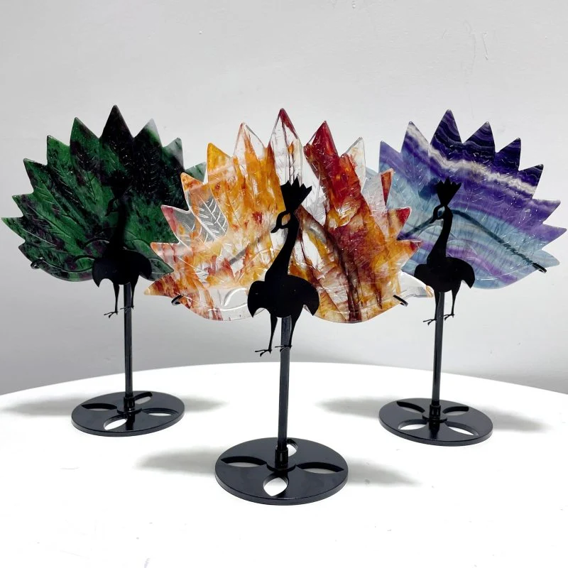 3 Pieces Beautiful Peacock With Stand Carving Fluorite Golden Hematoid Quartz - Image 2
