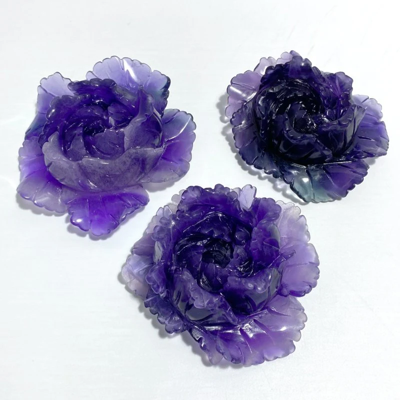 3 Pieces Beautiful Purple Fluorite Flower Carving #5