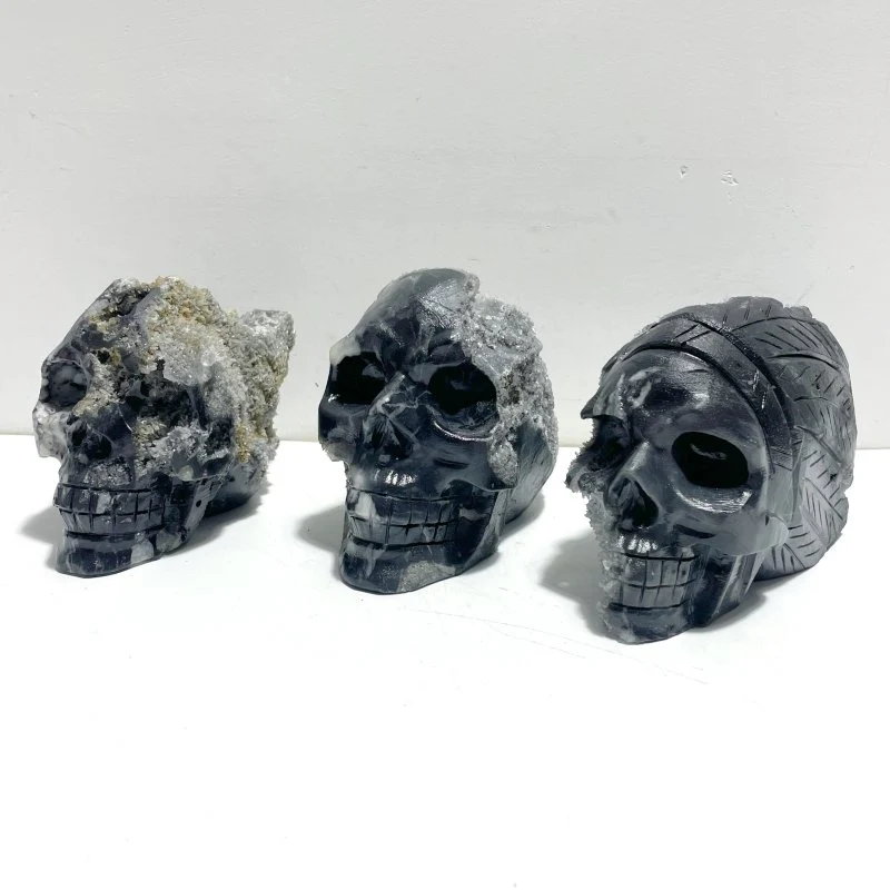 3 Pieces Black Clear Quartz Cluster Skull Carving