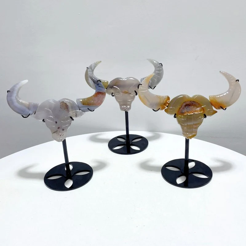 3 Pieces Geode Druzy Agate Ox Head Crystal Carving